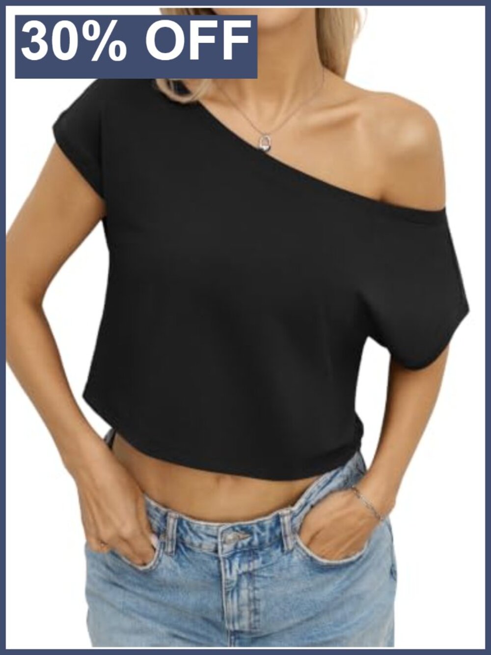 Women's Off Shoulder Crop Top Cotton Loose Fit Basic Tee